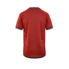 Hinchas Sportswear Store England 2002 retro away jersey, deep red with navy trim V-neck collar and cuffs. Short sleeves.