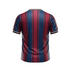 Hinchas Sportswear Store FC Barcelona retro jersey, blue and red vertical stripes, cream collar, 90s style.