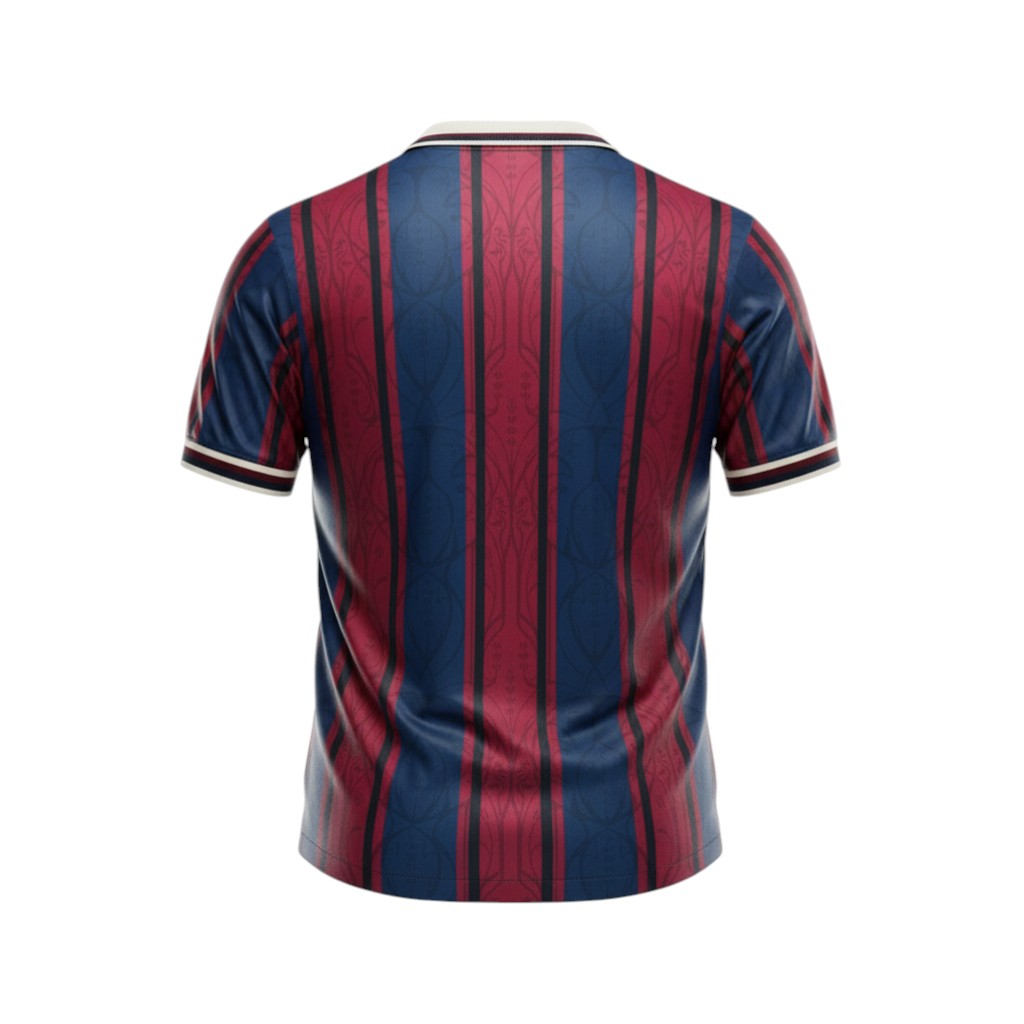 Hinchas Sportswear Store FC Barcelona retro jersey, blue and red vertical stripes, cream collar, 90s style.