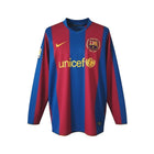 Hinchas Sportswear Store FC Barcelona 2007/08 home long sleeve jersey with blue and red stripes, #10 Ronaldinho, UNICEF sponsor, and Camp Nou 50th anniversary crest.
