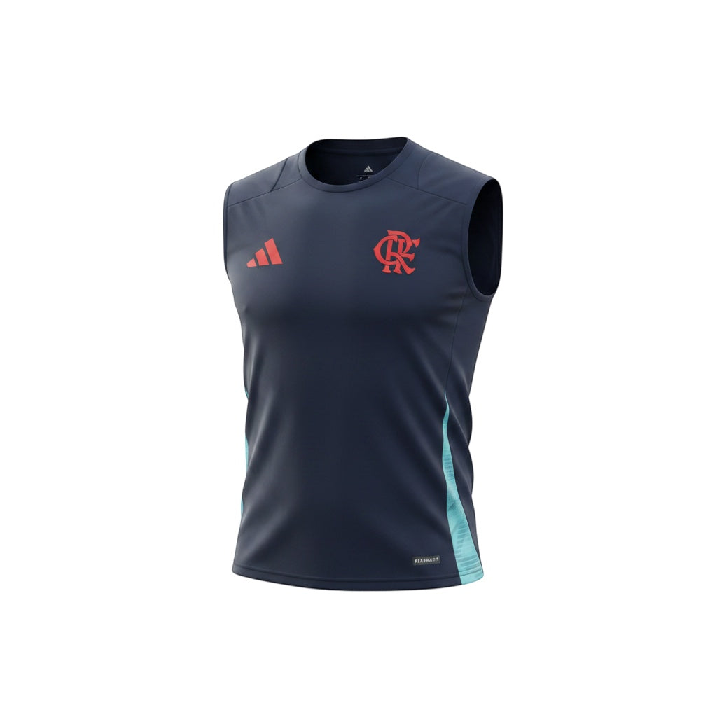 Hinchas Sportswear Store Flamengo Training Vest 2026 Navy. Sleeveless navy top with turquoise side panels, red Adidas and CRF crest. Aeroready tech.