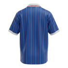 Hinchas Sportswear Store navy blue France 1982 World Cup retro jersey with white and red vertical pinstripes, white collar, and Adidas three stripes.