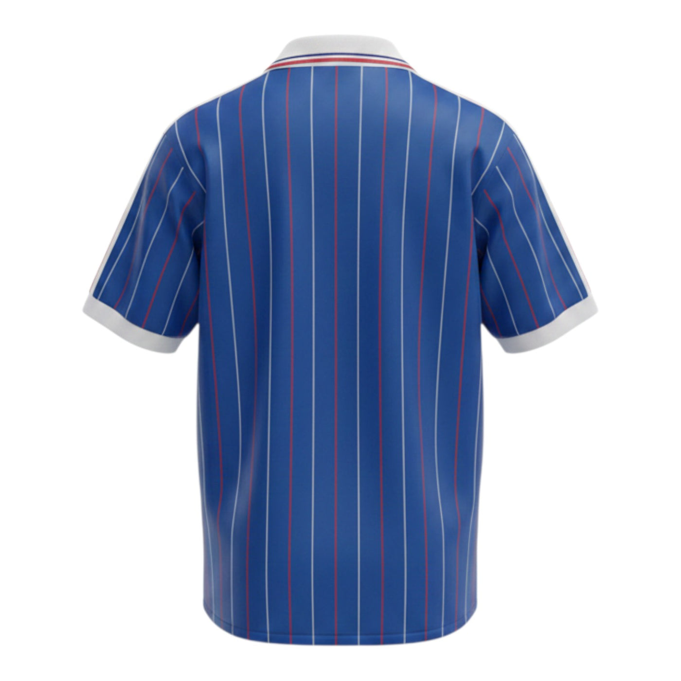 Hinchas Sportswear Store navy blue France 1982 World Cup retro jersey with white and red vertical pinstripes, white collar, and Adidas three stripes.