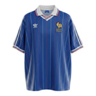 Hinchas Sportswear Store navy blue France 1982 World Cup retro jersey with white pinstripes, Adidas logo, and FFF rooster crest.