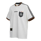 Hinchas Sportswear Store white Adidas Germany 1996 retro football jersey with black stripes, German crest, and tricolor trim.