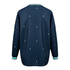 Hinchas Sportswear Store Germany 2026 long sleeve away jersey in navy blue with mint accents and diamond pattern. Climacool polyester.