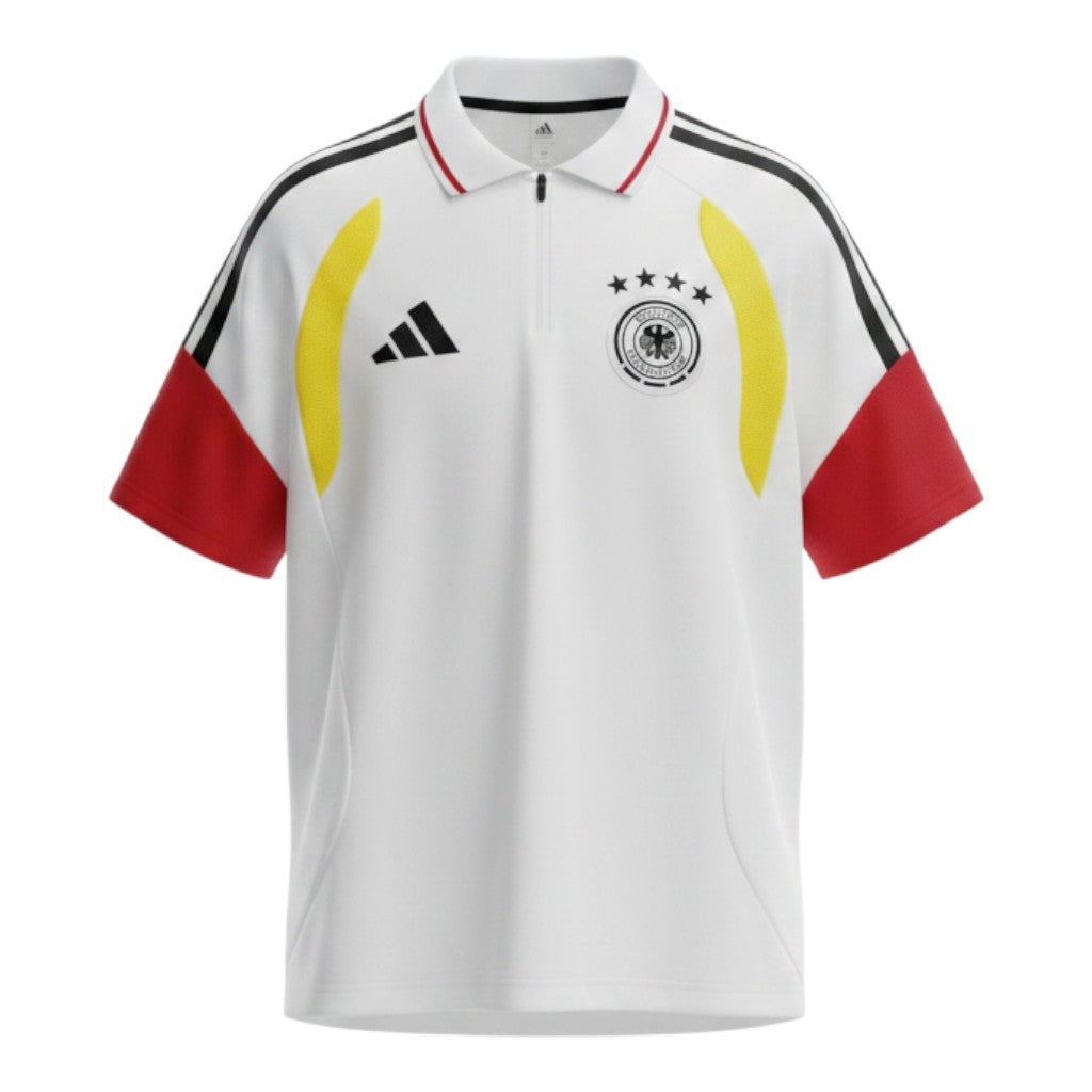 Hinchas Sportswear Store Germany 2026 polo training shirt in white with red sleeves, black Adidas stripes on shoulders, and yellow chest panels. Features a quarter zip.