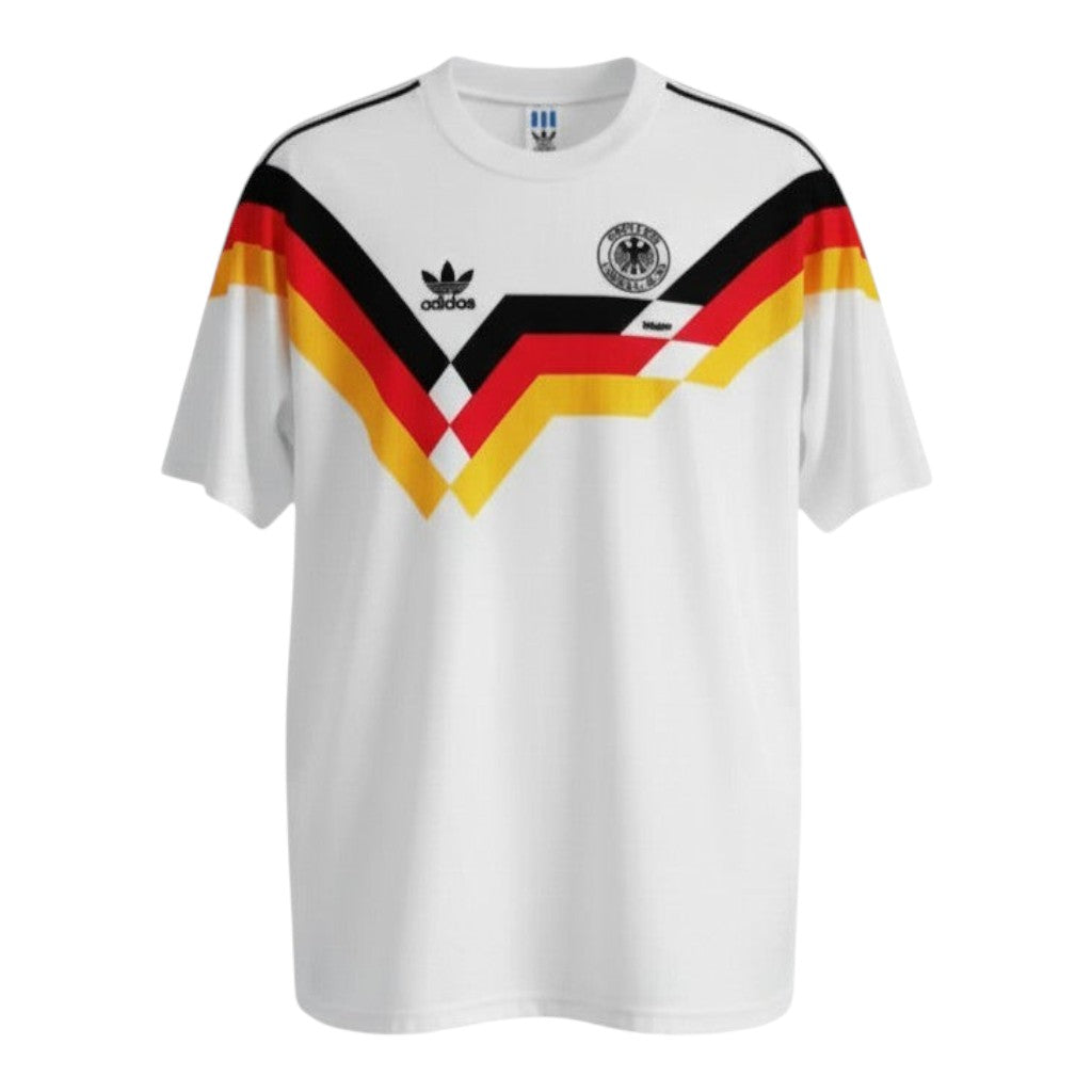 Hinchas Sportswear Store Germany retro 1990 home football kit. White jersey with black, red, and yellow chevron design.