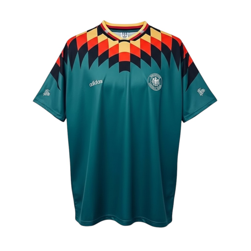 Hinchas Sportswear Store Germany retro teal green Adidas 1994 World Cup football jersey with geometric pattern and DFB crest.
