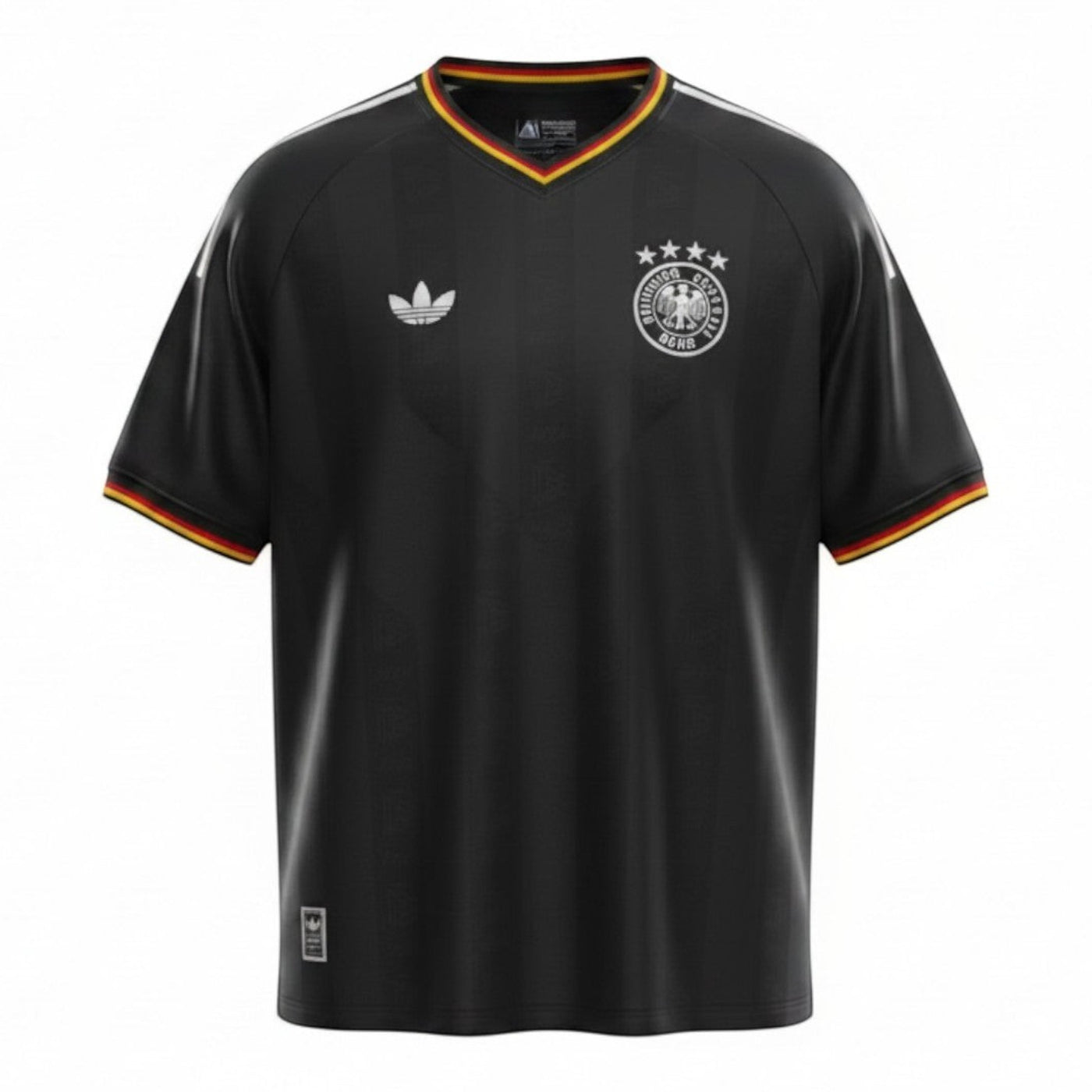 Hinchas Sportswear Store: Black Adidas Originals Germany retro football jersey with white stripes and German flag details on collar and cuffs.