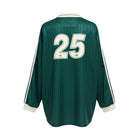 Hinchas Sportswear Store green long sleeve retro jersey with white collar and cuffs, featuring number 25 on the back and Adidas stripes.