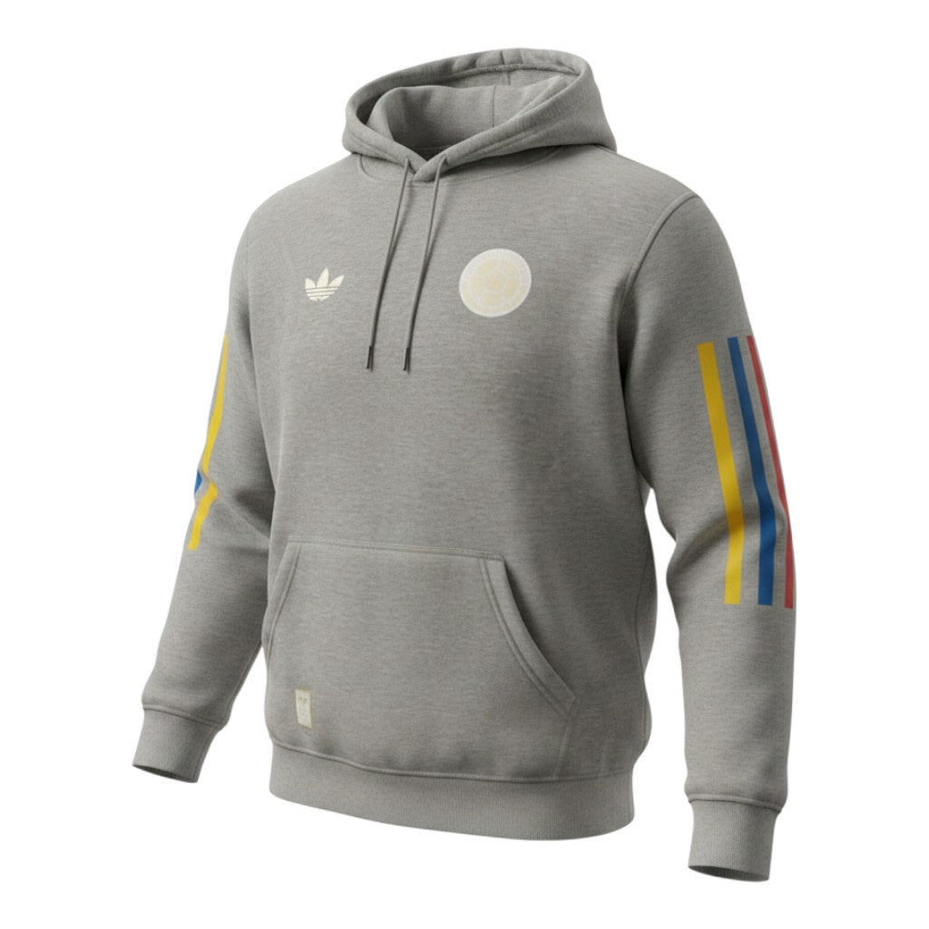 Hinchas Sportswear Store grey heather cotton hoodie with tricolor sleeve stripes, embroidered crest and Adidas logo.