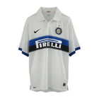Hinchas Sportswear Store retro white Inter Milan 2009-10 away jersey with blue and black chest band, Nike logo, and Pirelli sponsor.