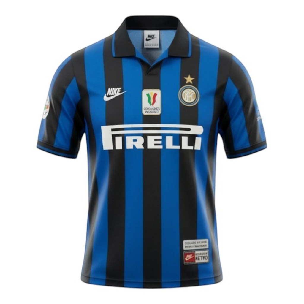 Hinchas Sportswear Store Inter Milan retro jersey 1998 blue and black stripes, Zlatan Ibrahimović name and number, Nike logo, Pirelli sponsor.