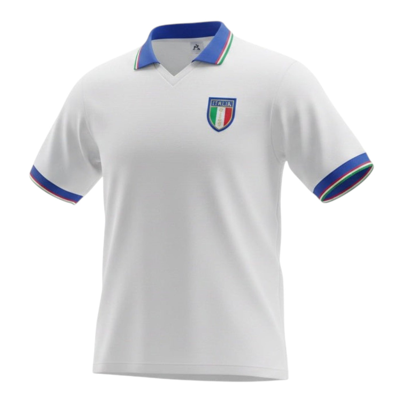 Hinchas Sportswear Store white Italy 1982 World Cup away retro jersey with blue polo collar and tricolor trim.