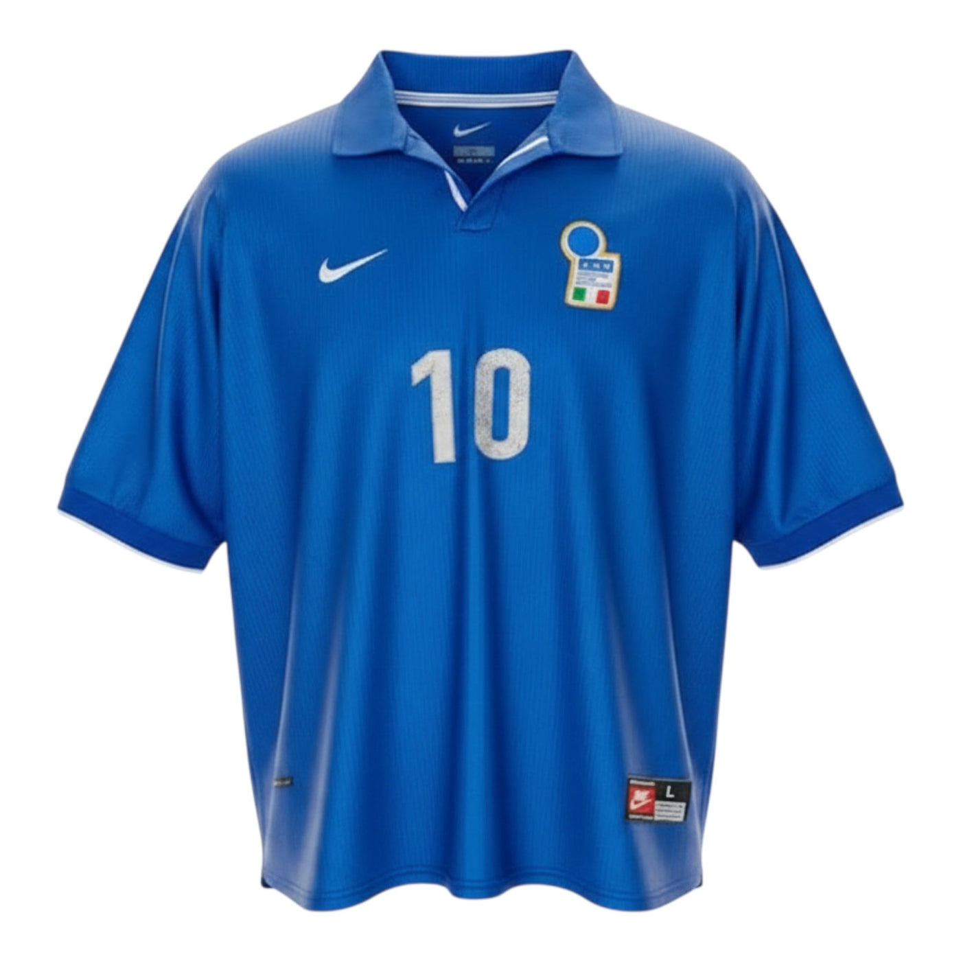 Hinchas Sportswear Store blue Nike Italy 1998 World Cup Del Piero #10 retro jersey with ribbed pattern, polo collar, and FIGC crest.