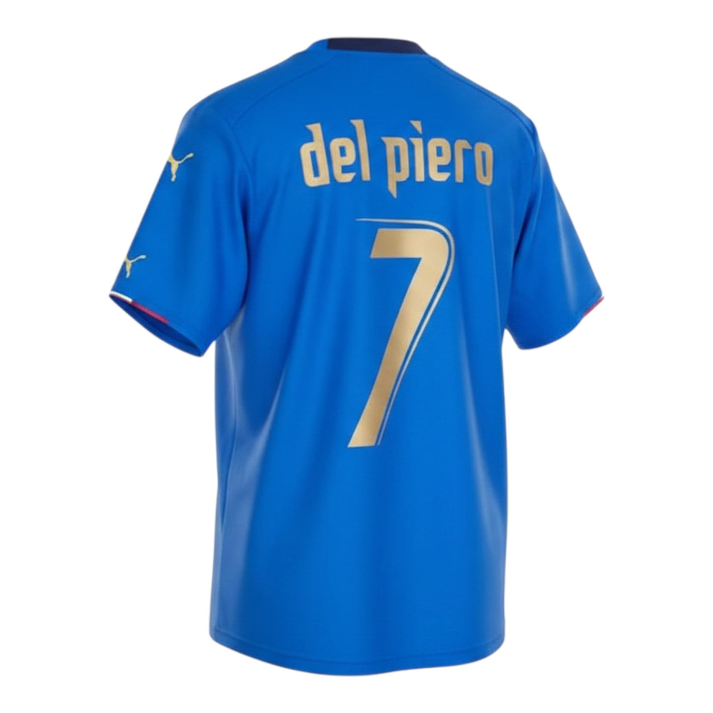Hinchas Sportswear Store: Italy 2006 World Cup retro jersey #7 Del Piero in azzurro blue with gold lettering and navy side panels.