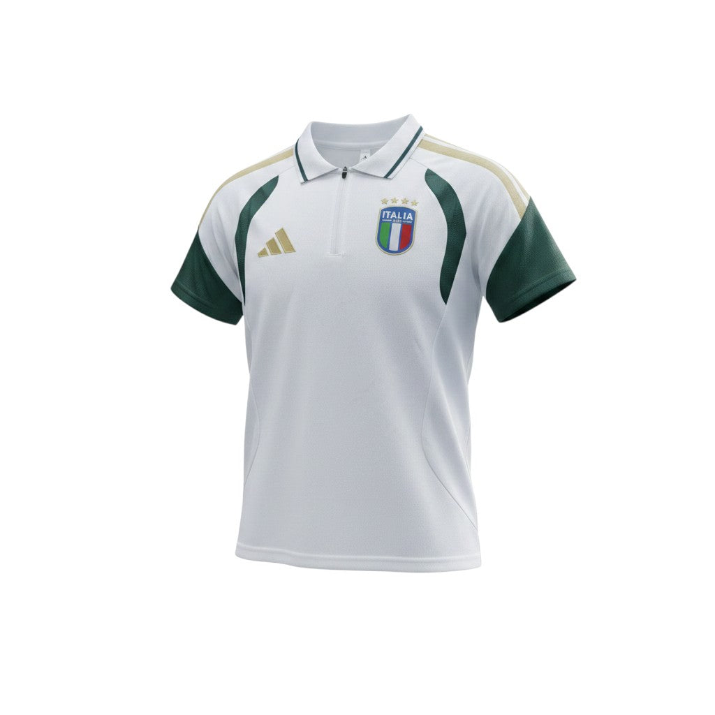 Camiseta polo blanca y verde de manga corta Adidas Italia 2025/26 con cremallera y escudo de la FIGC.