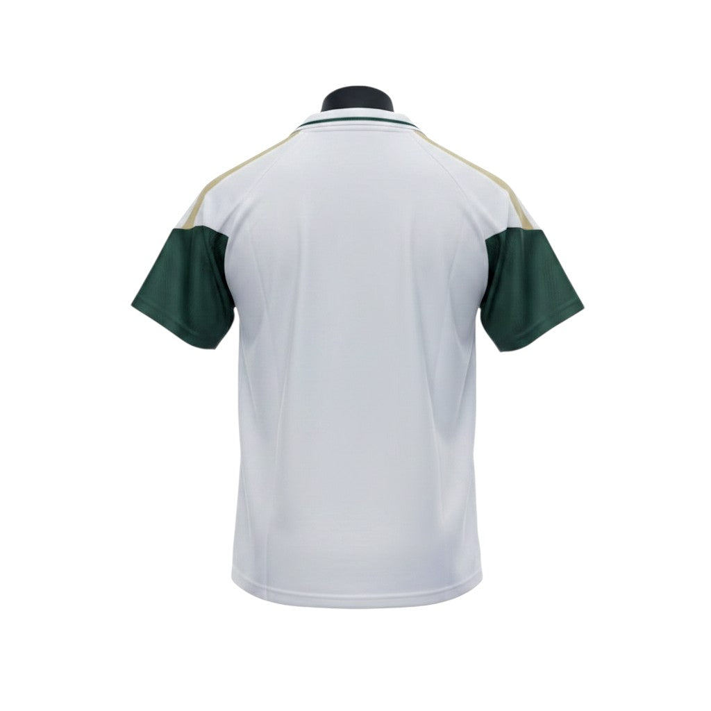 Hinchas Sportswear Store Italy Polo Shirt 2025/26 white with green sleeves and gold stripes, quarter-zip collar.