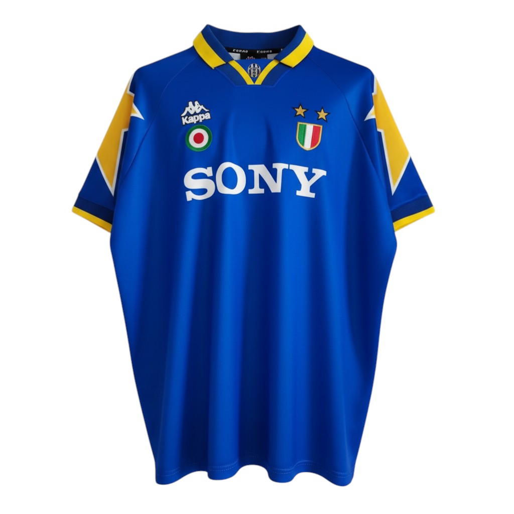 Hinchas Sportswear Store Juventus retro away jersey, royal blue with yellow accents, 1995-96 Kappa design, Sony sponsor.