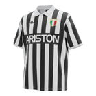 Hinchas Sportswear Store Juventus FC 1984/85 retro home jersey with black and white stripes, white polo collar, Ariston sponsor, and tricolor crest.