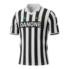 Hinchas Sportswear Store Juventus FC 1992/94 retro home jersey. Black and white vertical stripes, V-collar, Danone sponsor, Kappa logo, two gold stars.