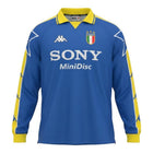 Hinchas Sportswear Store Juventus FC 1995/96 retro long sleeve away jersey. Royal blue with yellow collar, sleeve stripes, and star details.
