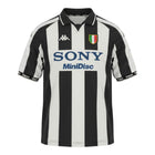 Hinchas Sportswear Store Juventus FC 1997/98 retro home jersey by Kappa. Black and white vertical stripes, SONY MiniDisc sponsor, Italian tricolor crest, V-collar.