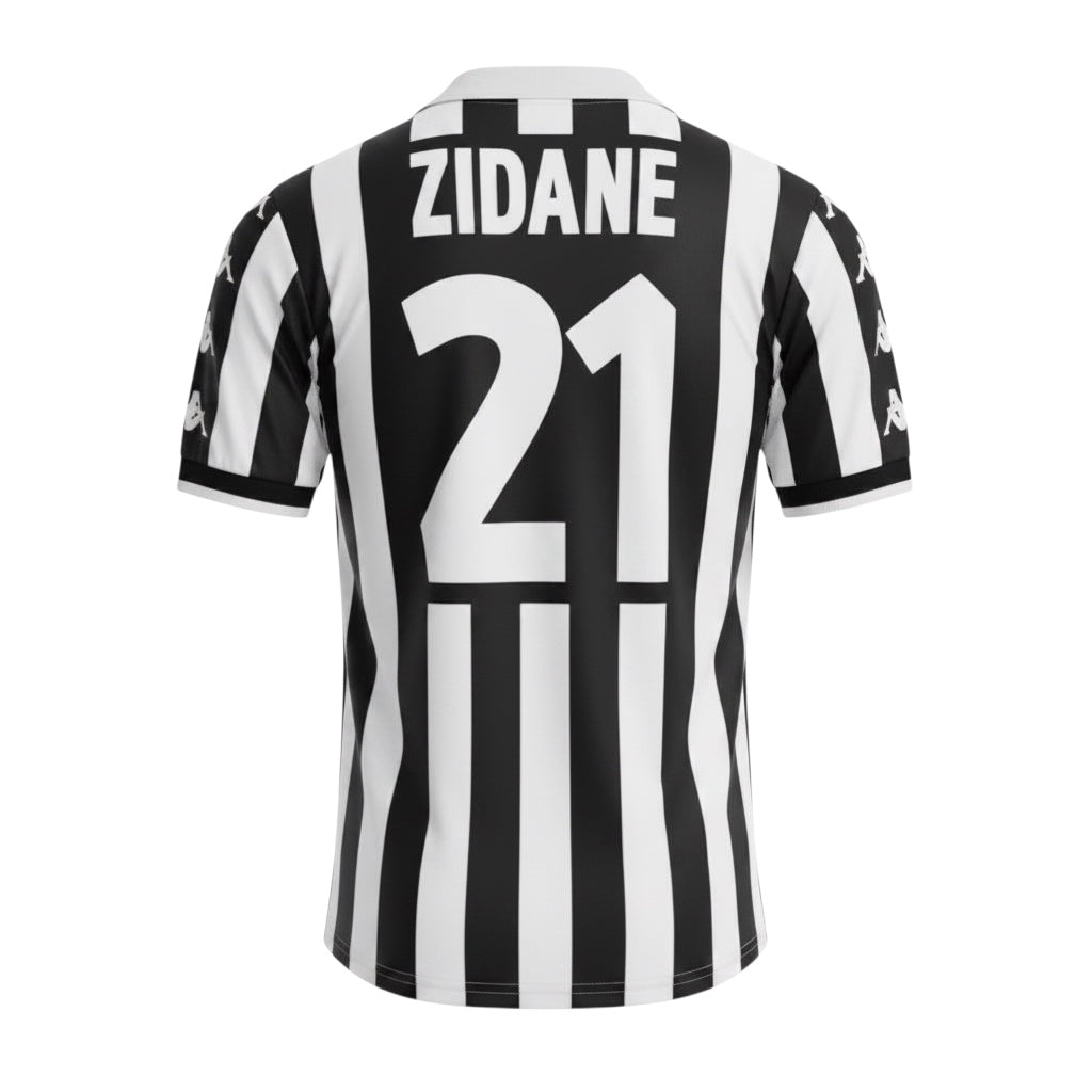 Hinchas Sportswear Store Juventus retro jersey 1998-1999, black and white stripes, Zidane 21 on back, embroidered crest.
