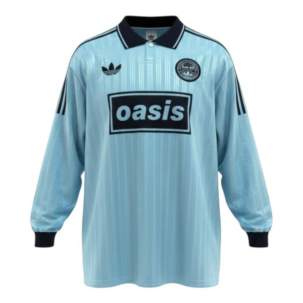 Hinchas Sportswear Store light blue Adidas x Oasis retro long sleeve jersey with white collar and chest logo.