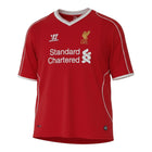 Hinchas Sportswear Store Liverpool FC 2013/14 retro home jersey, red with white V-neck and piping, Warrior logo, LFC crest, Standard Chartered sponsor.