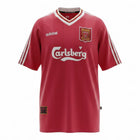 Hinchas Sportswear Store Liverpool FC 1993/94 retro home jersey, deep red with white Adidas stripes and collar trim, Carlsberg sponsor.