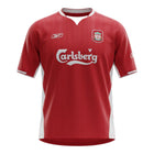 Hinchas Sportswear Store red Liverpool FC 2004/05 retro jersey with white side panels, mock turtleneck, Reebok logo, LFC crest, Carlsberg sponsor, and Istanbul Final patch.