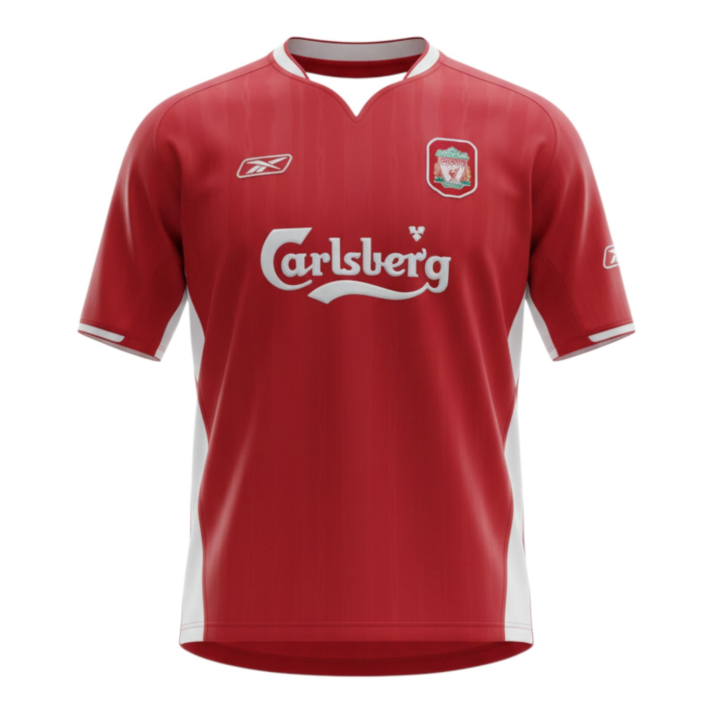 Hinchas Sportswear Store red Liverpool FC 2004/05 retro jersey with white side panels, mock turtleneck, Reebok logo, LFC crest, Carlsberg sponsor, and Istanbul Final patch.