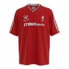 Hinchas Sportswear Store red Liverpool FC 1985/86 retro home jersey with cream V-collar, cuffs, Adidas stripes, FA Cup Final patch, and Crown Paints sponsor.