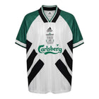 Hinchas Sportswear Store Liverpool FC 1993/94 retro away jersey, white with green raglan sleeves and black X-panels.