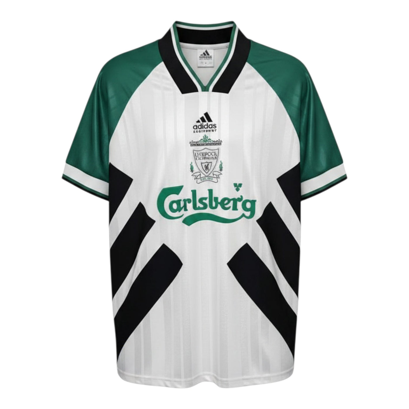 Hinchas Sportswear Store Liverpool FC 1993/94 retro away jersey, white with green raglan sleeves and black X-panels.