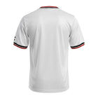Hinchas Sportswear Store white Manchester United 1984 retro away jersey with black and red trim on collar and sleeves.