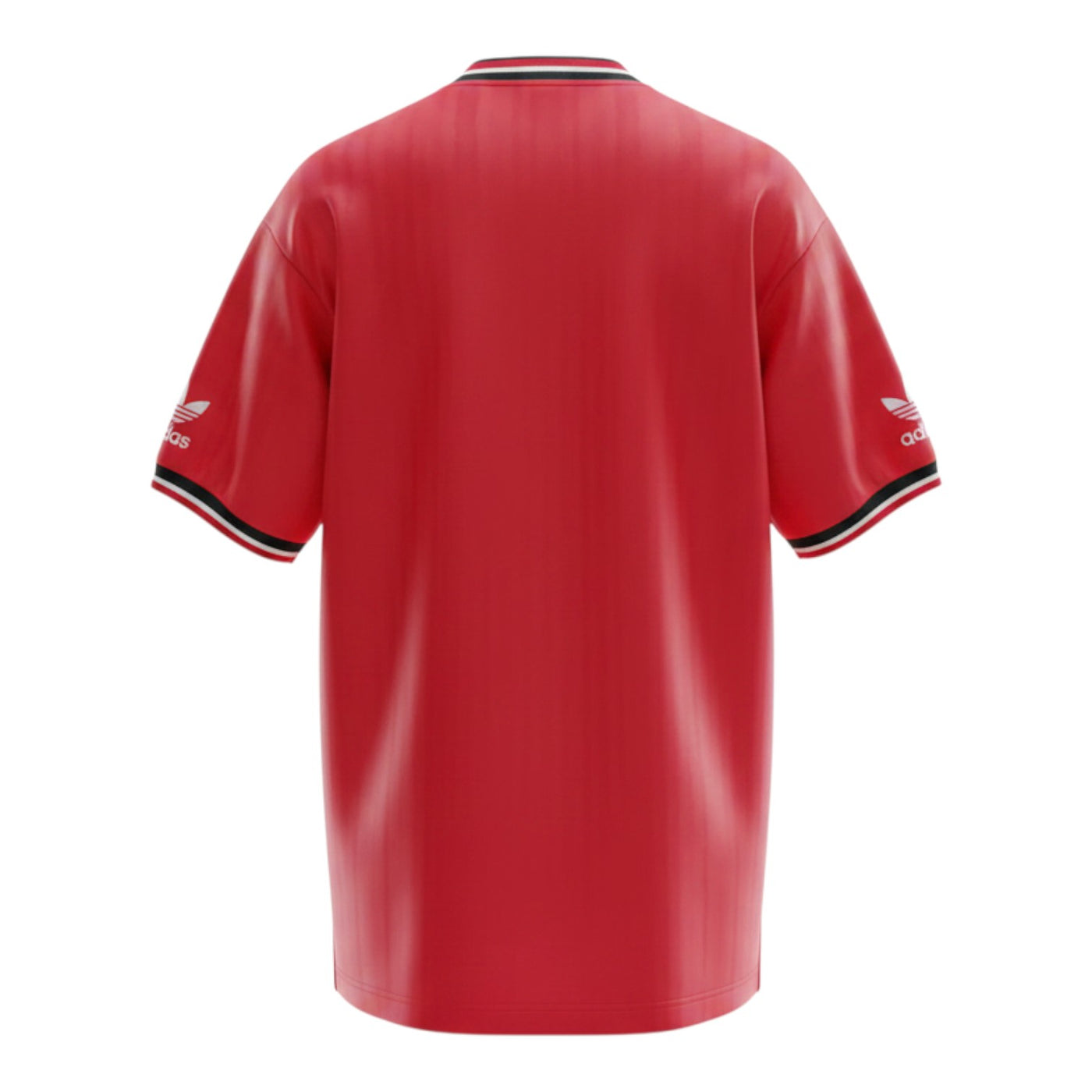 Hinchas Sportswear Store Manchester United 1984 retro red satin jersey with black and white trim, Adidas trefoil on sleeves.