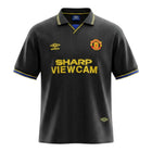 Hinchas Sportswear Store black Manchester United 1993-94 Umbro retro jersey with gold Sharp Viewcam sponsor, blue and yellow trim.