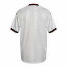 Hinchas Sportswear Store Manchester United 1997-98 away jersey, white with black and red trim, subtle shadow stripe pattern.