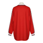 Hinchas Sportswear Store retro Manchester United 1998-99 long sleeve red football jersey with white and black sleeve details and collar.