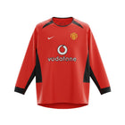 Hinchas Sportswear Store Manchester United 2002-03 red long sleeve football jersey with Vodafone sponsor and black side panels.