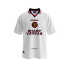 Hinchas Sportswear Store white Umbro Manchester United 1996-97 away jersey with Sharp Viewcam sponsor and black/red trim collar.