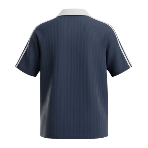 Hinchas Sportswear Store navy blue Adidas Originals retro jacquard polo tee with white collar and three stripes.