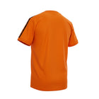 Hinchas Sportswear Store Netherlands 1974 retro orange football jersey with black Adidas stripes on sleeves and black V-neck collar.