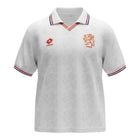 Hinchas Sportswear Store white Netherlands 1995 away retro jersey with all-over embossed lion pattern, red crest, and red, white, blue trim.