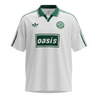 Hinchas Sportswear Store Oasis x Adidas Originals retro white jersey with green collar and stripes, featuring Oasis logo.