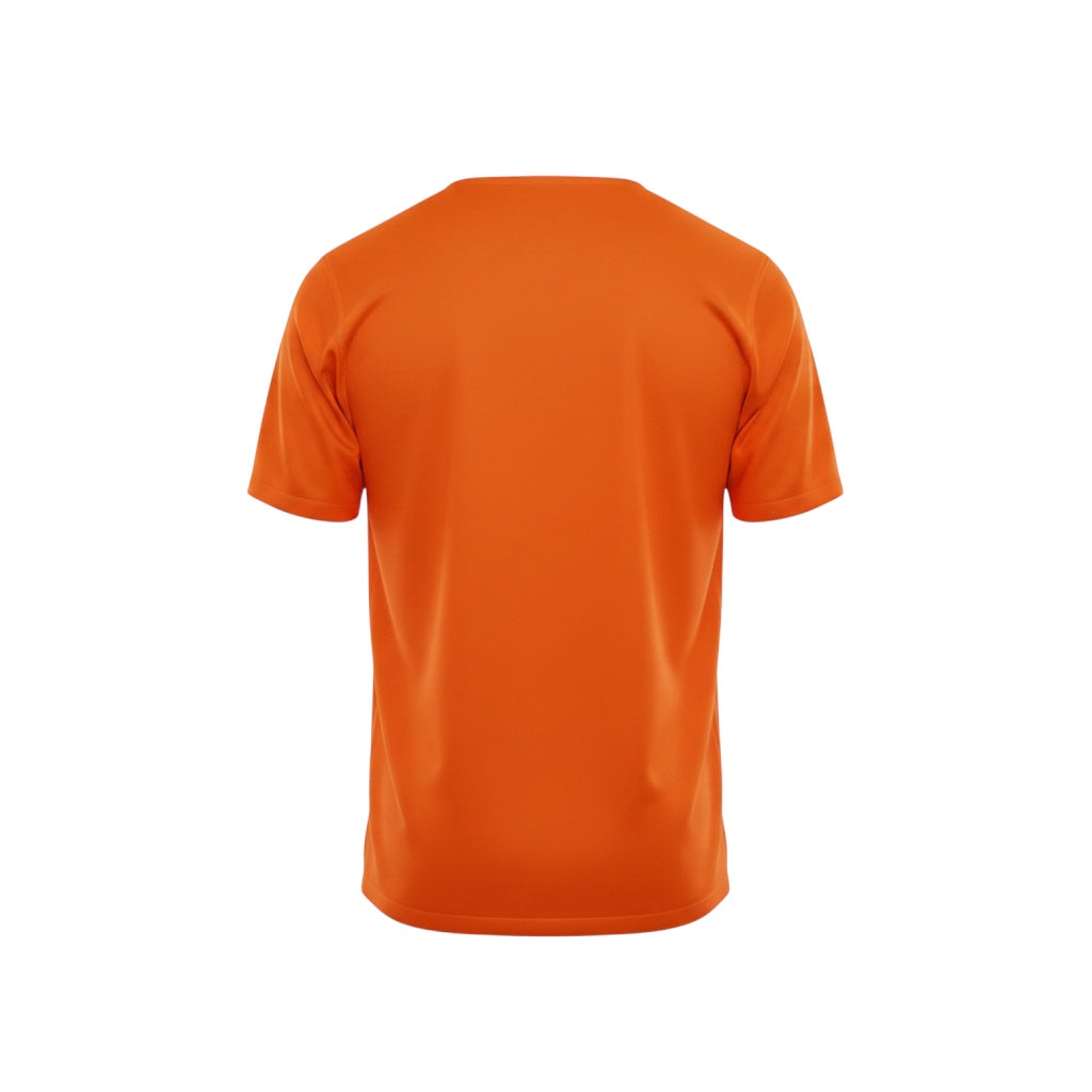 Camiseta retro de local de Países Bajos 2008 de Hinchas Sportswear Store, naranja vibrante con cuello en V blanco y ribetes tricolores, etiqueta 'NEDERLAND' en la nuca.