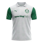 Hinchas Sportswear Store Palmeiras 2025/26 white away jersey with green sleeves, polo collar, and embroidered crest.